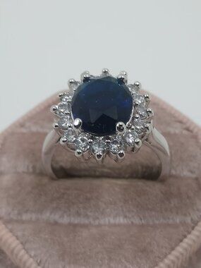 Princess Diana Blue Sapphire Halo Design Ring Sz 9 3/4